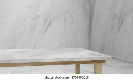 Dept Of Field Perspective Top Marble Table On White Background - Hi Key Style - 3D Rendering.