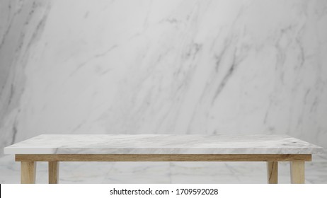 Dept Of Field Perspective Top Marble Table On White Background - Hi Key Style - 3D Rendering.