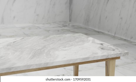 Dept Of Field Perspective Top Marble Table On White Background - Hi Key Style - 3D Rendering.