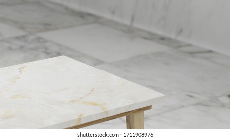 Dept Of Field Perspective Top Marble Table On White Background - Hi Key Style - 3D Rendering.