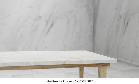 Dept Of Field Perspective Top Marble Table On White Background - Hi Key Style - 3D Rendering.