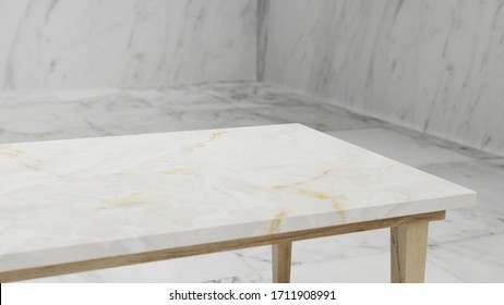 Dept Of Field Perspective Top Marble Table On White Background - Hi Key Style - 3D Rendering.