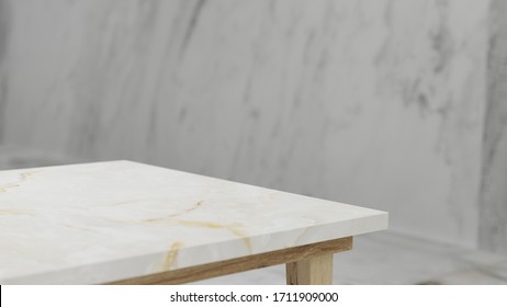 Dept Of Field Perspective Top Marble Table On White Background - Hi Key Style - 3D Rendering.