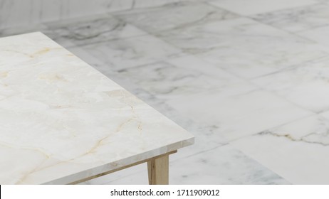 Dept Of Field Perspective Top Marble Table On White Background - Hi Key Style - 3D Rendering.