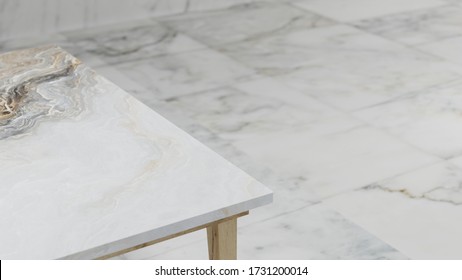 Dept Of Field Perspective Top Marble Table On White Background - Hi Key Style - 3D Rendering.