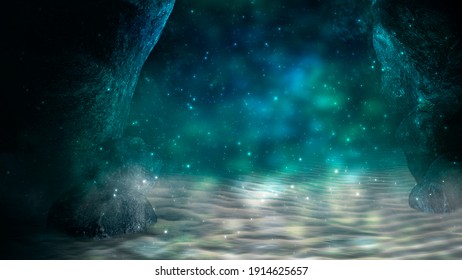 Depth of sea water, the bottom of the sea, the rays of the sun through the water, the underwater world, dark sea the background. Rocks and stones under water. Sea sand. 3d illustration 