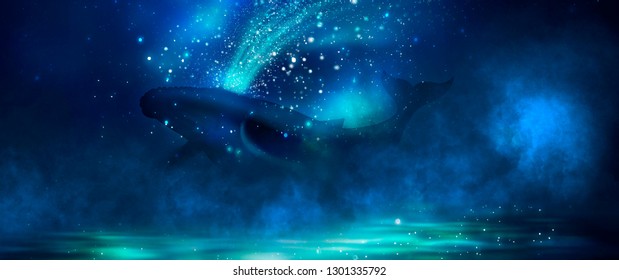 The Depths Of The Sun Through The Water, The Underwater World, The Sea Floor. Sea Fantasy, Big Whale, Sperm Whale, The Silhouette Of A Man By The Sea. Night View.