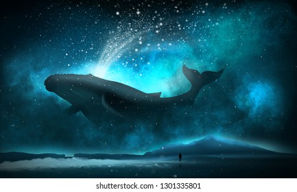 The Depths Of The Sun Through The Water, The Underwater World, The Sea Floor. Sea Fantasy, Big Whale, Sperm Whale, The Silhouette Of A Man By The Sea. Night View.