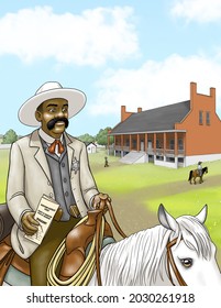 Deputy US Marshal Bass Reeves riding out of Fort Smith, AR into Indian Territory with a warrant in hand circa 1875-1880. Bass Reeves was the first black Deputy US Marshal west of the Mississippi.