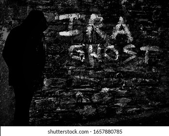 Derry, Northern Ireland August 15, 2017 Shadowy Black And White Image IRA Ghost Graffiti City Walls Derry