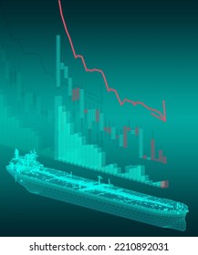 A Descending Chart Against The Background Of The Tanker Ship Schematics. Image With Charts, Japanese Candlesticks And An Ascending Arrow. 3d-rendering