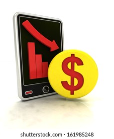 descending graph of Dollar negative stats on smart phone display illustration