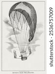 Descent near Philadelphia (1850) by John Wise. Parachute and hot air balloon sketch. Black and white vintage hot air balloon art drawing illustration, old hot air balloon painting art print.