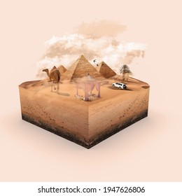 Desert 3d box manipulation. Camel and car driving in the desert. Pyramids. Swift bird. Desert tent. 3D illustration. Manipulation collage pyramids desert.