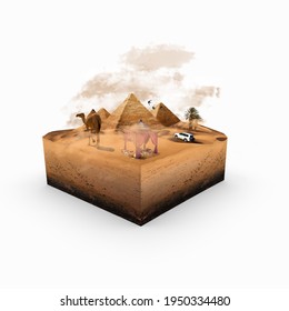 Desert 3d box manipulation. Camel and car driving in the desert. Pyramids. Swift bird. Desert tent. 3D illustration. Manipulation collage pyramids desert. White background.