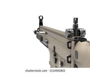 Desert colour army assault rifle - first person point of view - 3D Illustration