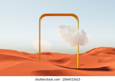 Desert Dunes And Blue Sky With Cloud. The Golden Arch In The Desert. Minimal Abstract Background. 3d Rendering.