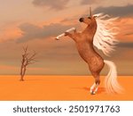 Desert Golden Unicorn 3d illustration - This fantasy Palomino unicorn is a legendary creature of mythology with a pointed forehead spiral horn.