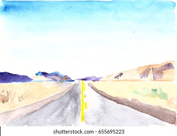 Desert highway and mountains. The road goes the distance. Perfectly smooth highway across the endless desert. Watercolor illustration on the theme of travel.