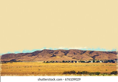 Desert Landscape. Blue Sky With White Clouds. Summer Steppe Landscape. Hot Desert With Mountains View. Watercolor Painting Artwork. Oil Drawing Style.