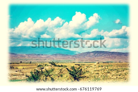 Desert landscape. Blue sky with white clouds. Summer steppe landscape. Hot desert with mountains view. Watercolor painting artwork. Oil drawing style.