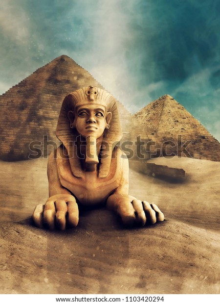 スフィンクスと古代エジプトのピラミッドの石像を持つ砂漠の風景 3dイラスト のイラスト素材