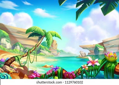 Desert, Oasis and Mountain, River with Fantastic, Realistic Style. Video Game's Digital CG Artwork, Concept Illustration, Realistic Cartoon Style Scene Design
