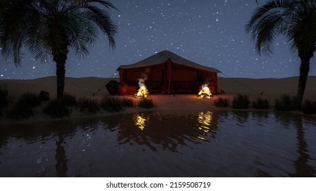 Desert Oasis At Night With Bedouin Tent And Stars In The Sky. 3D Render.