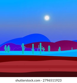 Desert plain backdrop with cactus tree silhouettes, desert floor, and desert mountain ridge