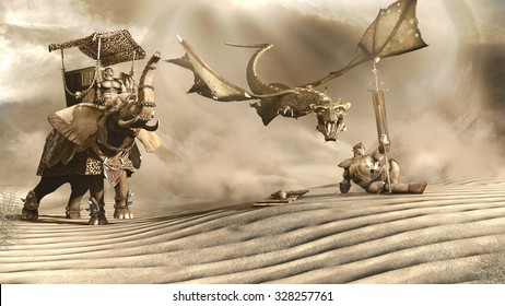 Desert Scene With Dragon And War Elephant 