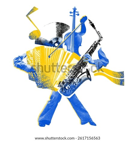 Design with abstract figure made from instruments like accordion, saxophone, and violin in blue-yellow duotone against white background. Music, festival, creative poster, ads concept. Photocopy effect