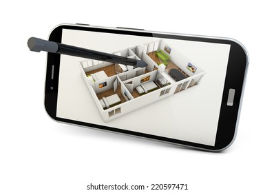 design app concept: smartphone render with a house structure on the screen isolated on white background