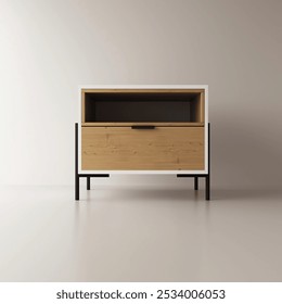 Design of a bedside table with black small round legs and wood-like fronts. The table is against a white wall