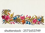 Design for a border of lilies for a printed fabric (c. 1850 - c. 1870). Vintage art drawing illustration, old painting art print. Vintage flower botanical plant, colorful floral border.