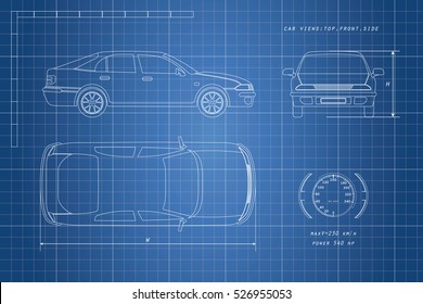 The design of the car drawing on a blue background. Three types top, side, front. 