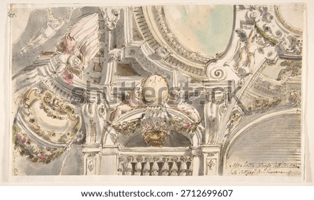 Design for a Ceiling, attributed to Faustino Trebbi. Vintage watercolor art illustration. Vintage drawing in watercolor, art illustration.