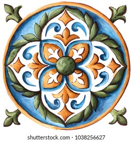 Design For Ceramic Tiles, Majolica, Watercolor Ornament