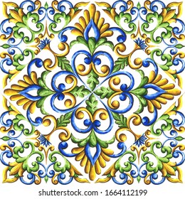 Design for ceramic tiles, majolica, watercolor ornament