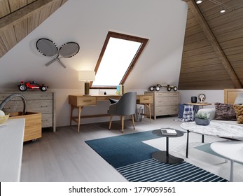 The design of the children's room for the teenager on the attic is in the loft style, the ceiling is hemmed with wood and the walls are white. 3D rendering.