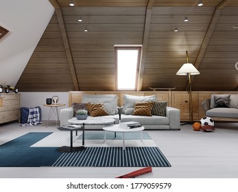 The design of the children's room for the teenager on the attic is in the loft style, the ceiling is hemmed with wood and the walls are white. 3D rendering.