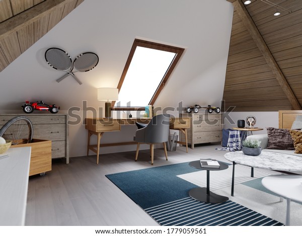 The design of the children\'s room\
for the teenager on the attic is in the loft style, the ceiling is\
hemmed with wood and the walls are white. 3D\
rendering.