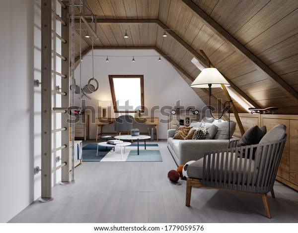 The design of the children\'s room\
for the teenager on the attic is in the loft style, the ceiling is\
hemmed with wood and the walls are white. 3D\
rendering.
