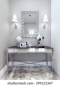 Design Of Classic Hall. Mirror With Decorative Frame, Wall, Console, Marble Floor Tiles. White And Beige Walls. 3D Render