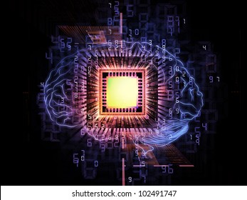 Design Composed Of Head Outlines, Computer Chip, Numbers On The Subject Of Thinking, Logic, Computing And Brain Power