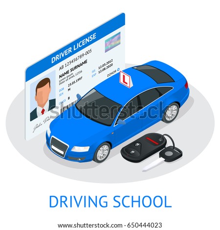 Design concept driving school or learning to drive. Flat isometric  illustration