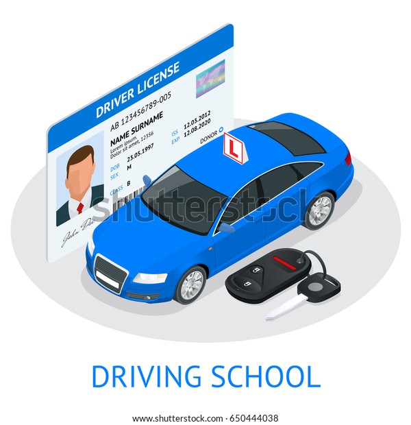 Design concept driving school or learning to\
drive. Flat isometric \
illustration