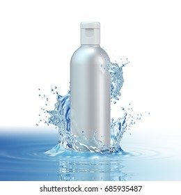 Design Cosmetics Product Advertising In Water Splash On Blue Background. 3D Illustration