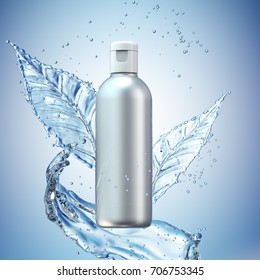 Design Cosmetics Product Advertising In Water Splash On Blue Background. 3D Illustration