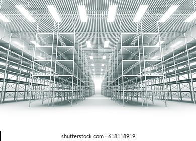 Design Element. 3D Illustration. Rendering. Black And White Empty Warehouse