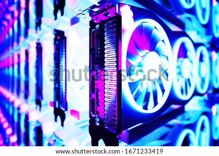 design element. 3D illustration. rendering. cryptocurrency mining farm. bitcoin and altcoins mining. graphic cards rig for cryptocurrency mining. big data processing. neural networks computing